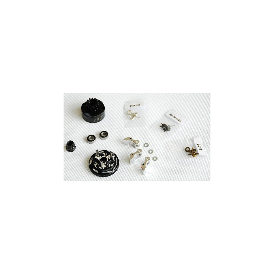 Alpha Plus Alpha Clutch Combo Set (13T Vented Clutch Bell +Bearing 5*10 ( 2pcs) + 34 mm Flywheel(Black) + 3pc Type cluth shoe (Alum) with 3 different springs and washers + Clutch Nut