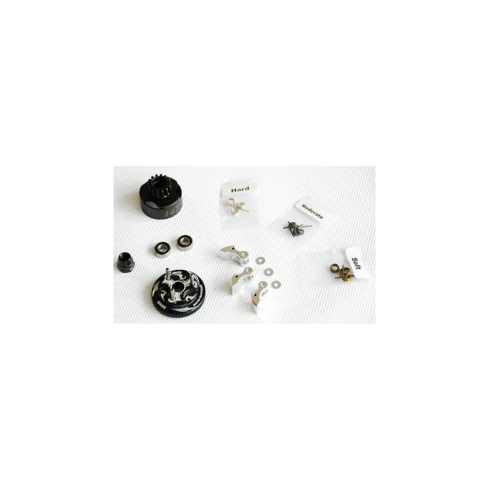 Alpha Plus Alpha Clutch Combo Set (14T Vented Clutch Bell +Bearing 5*10 ( 2pcs) + 34 mm Flywheel(Black) + 3pc Type cluth shoe (Alum) with 3 different springs and washers + Clutch Nut